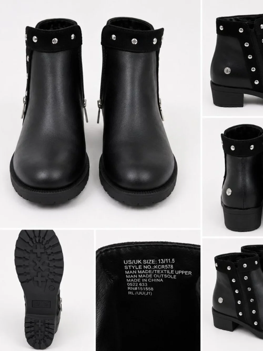 Kenneth Cole Reaction Girls Black Studded Ankle Boots Size 13